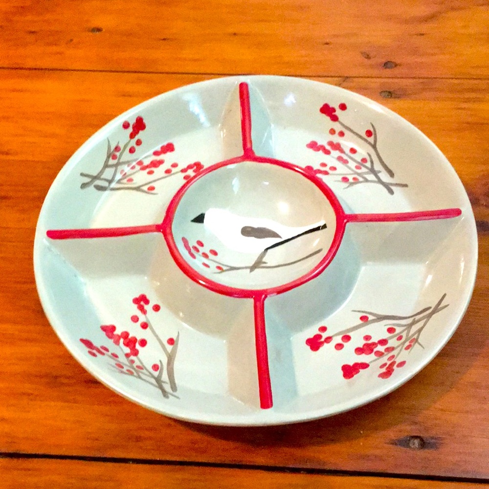 Gorgeous Hand painted holly bird chip and dip platter